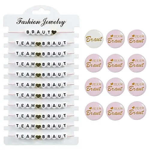 Produktbild: Gobesty Team Braut Armbänder, 12 Stück Verstellbaren JGA Armbänder Set, JGA Armbänder Frauen mit 12 JGA Buttons Set, Team Bride Armbänder für Junggesellenabschied Frauen, JGA Frauen Accessoires