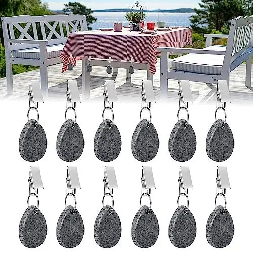 Produktbild: Gobesty Tischdeckenbeschwerer für Draußen, 12 Stück Tischdeckenbeschwerer Naturstein mit Klammer, Tischdeckenhalter Draußen, Gewichte Tischdecke Outdoor für Picknicks, Partys, Hochzeiten, Garten