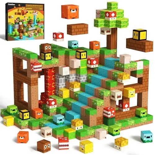 Produktbild: GobiDex Magnetische Bausteine 100 Stück, Abenteuer des Holzfällers mit magnetischen Würfeln für Kinder, Magnetspiel kinderspielzeug für Jungen und Mädchen ab 3 4 5 6 7 9 10-12 Jahre, Upgrade