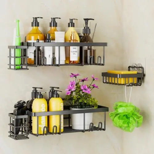 Produktbild: Gobikey Duschablage Ohne Bohren, Duschregal Ohne Bohren mit Seife 5 Stück Schwarz Rostbeständig, Duschablage Schwarz Badezimmer Organizer Shampoo Halterung für Fusche
