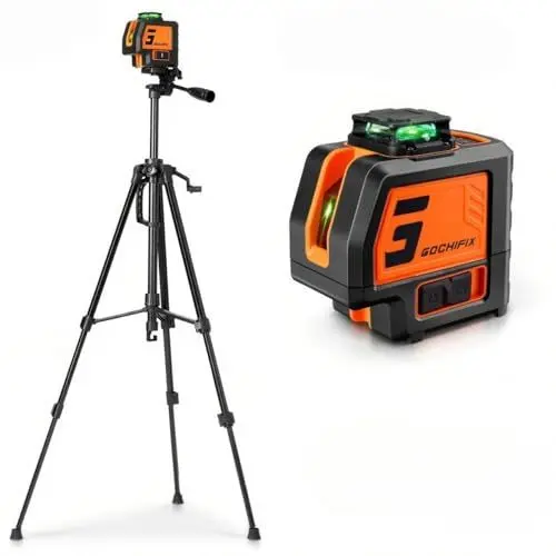 Produktbild: GOCHIFIX 5 Linien Laser Wasserwaage mit Stativ 2 Lotpünktchen Selbstnivellierender Laser mit horizontalen und vertikalen Linien für Innenbereich Baustelle Inklusive Zieltafel, Batterie, Tragetasche