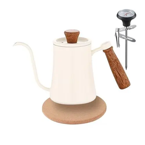 Produktbild: Gocoffun Pour Over Kaffeekessel, 550 ml Schwanenhals-Wasserkocher, Kaffee-/Teekanne mit Thermometer, Anti-Heiß-Holzgriff, Edelstahl-Teekessel mit langem schmalem Auslauf, Hand-Tropfkessel (weiß)
