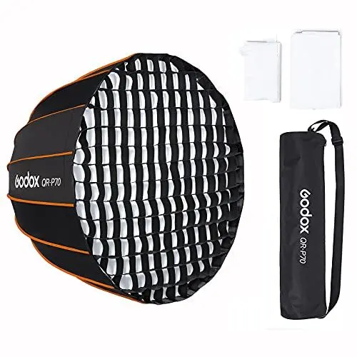 Produktbild: GODOX QR-P70 27,5 Zoll / 70 cm Parabolic Softbox Bowens Mount, Parabolic Softbox mit Schnellspanner, mit vorderem und innerem Diffusor und Gitter SL-60W AD600BM VL150 UL150 SL150II Amaran 100X 200D