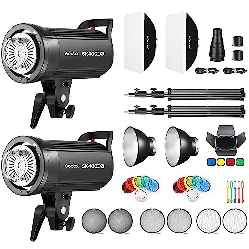 Produktbild: GODOX SK400IIV*2 Kit Professional Studio Strobe Flash LED Studioblitz Bowens Mount Dauerlicht Kit,400W,2.4G Wireless X System,5600±200K,Bowens Mount LED Modeling Lamp für Studio (SK400II Upgraded)