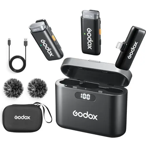 Produktbild: GODOX WES1 KIT2 Kabelloses Lavalier-Mikrofon für iPhone, MFi-zertifiziert, Plug-and-Play-Geräuschunterdrückung, Ansteckmikrofon mit 200 m Übertragung, Ladehülle, kompatibel mit iPhone, iPad (WES1