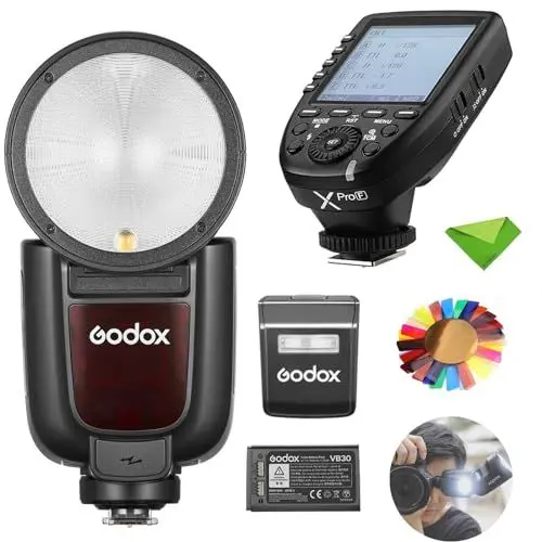 Produktbild: Godox V1 V1Pro F TTL-Blitz mit XPro-F-Auslöser für Fuji, 1/8000 HSS 500 Blitze mit voller Leistung, 1,3 s Ladezeit, 2,4 G Wireless mit externem Blitz SU-1 (Godox V1-F aktualisiert, V1Pro-F)