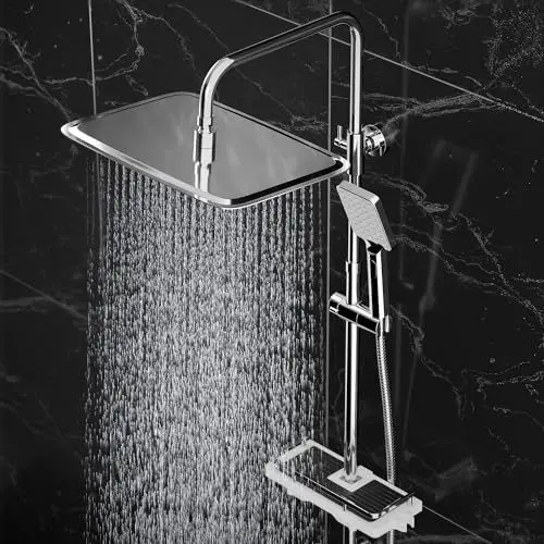 Produktbild: Görbach Regendusche Duschsystem mit Duschablage, Edelstahl Duschset ohne Armatur, Überkopfbrauseset mit Duschstange Duschsäule(Kopfbrause 35x25cm, Chrom)