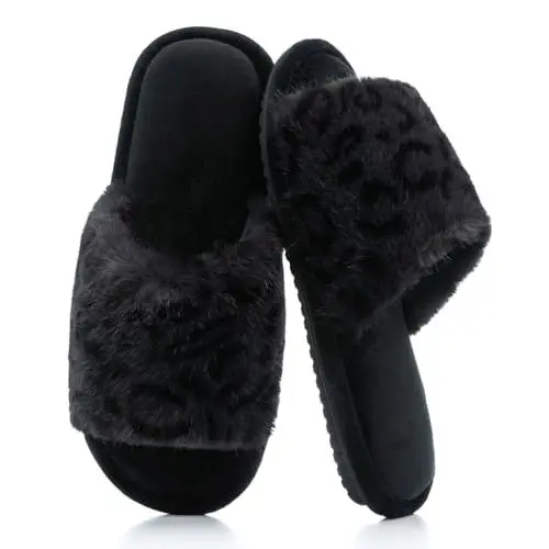 Produktbild: GOEWY Damen Hausschuhe mit Memory Foam - Leopardenmuster, kuschelig weich - Hausschuhe offen für Indoor/Outdoor Super weiche Fuzzy Schlupfpantoffeln als Geschenk für Frauen & Mütter Rutschfeste Sohle