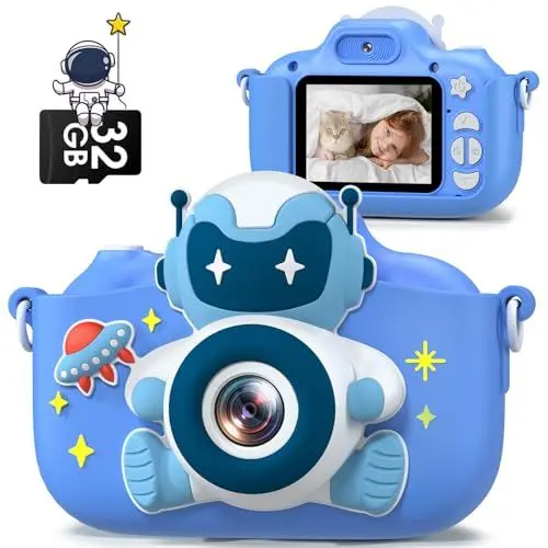 Produktbild: Gofunly Kinderkamera, Kinder Kamera Jungen mit 2,0 Zoll Bildschirm 1080P HD Videokamera mit 32GB-Karte Selfie Digitalkamera Kinder Fotoapparat Kinder für 3-12 Jahre Geschenk Kinder Spielzeug