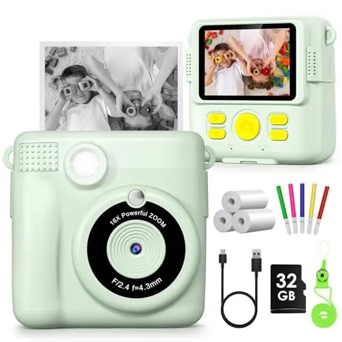 Produktbild: Gofunly Kinderkamera Sofortbildkamera, Sofortbildkamera Kinder 2,4 Zoll Bildschirm 1080P Videokamera Kamera Kinder Sofortdruck mit 32GB Karte & 3 Rollen Druckpapier Geschenk für Kinder 3-12 Jahren