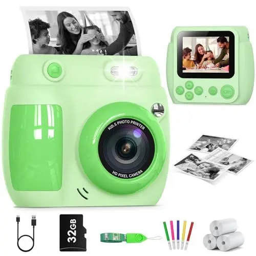 Produktbild: Gofunly Sofortbildkamera Kinder, 2,4 Zoll Bildschirm Kinderkamera Sofortbildkamera mit 32GB Karte & Druckpapier, 1080P HD Kamera Kinder Sofortdruck, Geschenk für 3-12 Jungen und Mädchen (Grün)