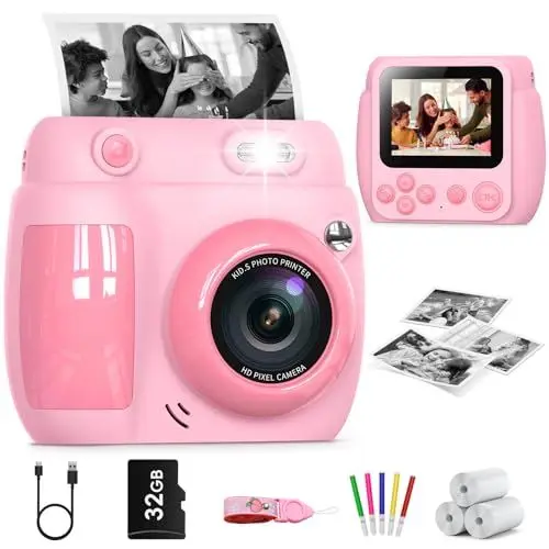 Produktbild: Gofunly Sofortbildkamera Kinder, 2,4 Zoll Bildschirm Kinderkamera Sofortbildkamera mit 32GB Karte & Druckpapier, 1080P HD Kamera Kinder Sofortdruck, Geschenk für 3-12 Jungen und Mädchen (Rosa)