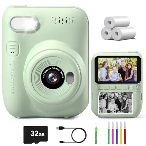 Produktbild: Gofunly Sofortbildkamera Kinder, 3.0 Zoll Bildschirm Kinderkamera Sofortbildkamera mit 32GB Karte & Druckpapier, 14MP/1080P Kamera Kinder Sofortdruck, Geschenk für 3-12 Jahren (Grün)