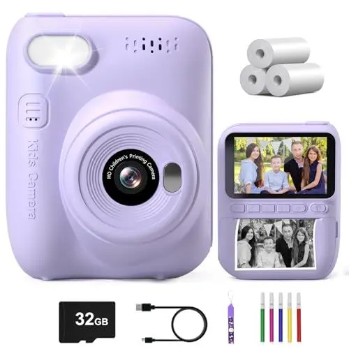 Produktbild: Gofunly Sofortbildkamera Kinder, 3.0 Zoll Bildschirm Kinderkamera Sofortbildkamera mit 32GB Karte & Druckpapier, 14MP/1080P Kamera Kinder Sofortdruck, Geschenk für 3-12 Jahren (Violett)