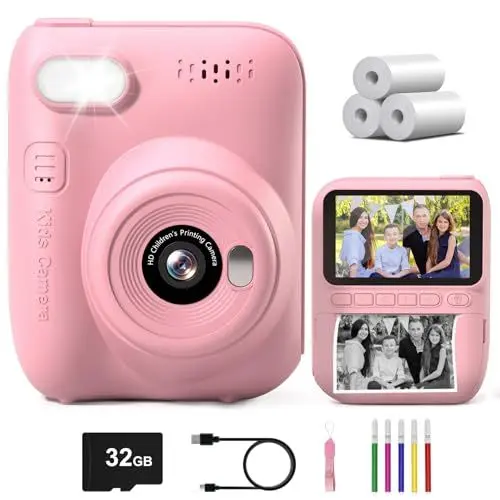 Produktbild: Gofunly Sofortbildkamera Kinder, 3.0 Zoll Bildschirm Kinderkamera Sofortbildkamera mit 32GB Karte & Druckpapier, 14MP/1080P Kamera Kinder Sofortdruck, Geschenk für 3-12 Jahren (Rosa)