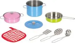 Produktbild: goki 51467 Kochset farbenfroh aus Metall, Hochwertiges Kochspielzeug für Kinder, Inkl. Töpfen, Deckel, Topflappen und Küchenutensilien, 9-er Set, ab 3 Jahre