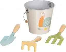 Produktbild: goki 63870 Kinder Gärtner Schnecke, Eimer mit Spaten, Harke und Grabegabel – Buntes Gartenwerkzeug fördert Fantasie und Interesse an Natur, Holz und Metall, 4-er Set, ab 3 Jahre, Mehrfarbig