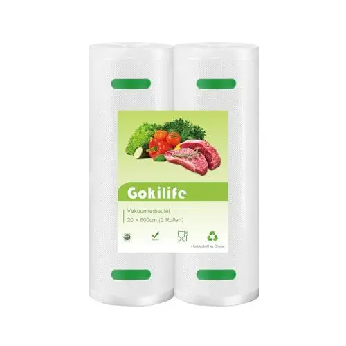 Produktbild: Gokilife Vakuumierbeutel - 2 Rollen 20x600cm Reißfest ca. 450µm, Vakuumierfolie für alle Vakuumierer & Lebensmittel Vakuumiergerät, Profi Folienrollen BPA-frei, Kochfest und Sous Vide Gefrierbeutel