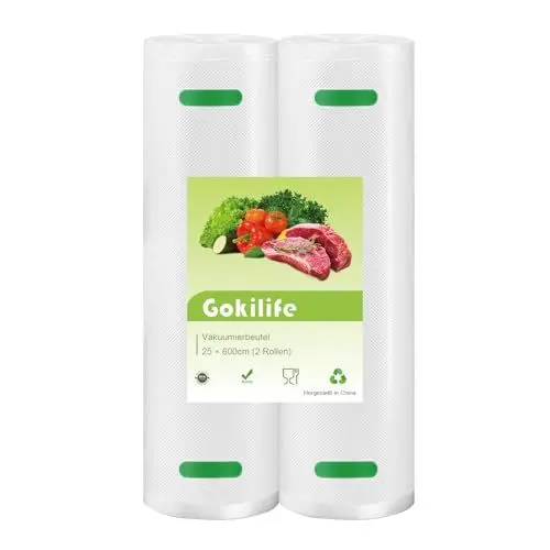 Produktbild: Gokilife Vakuumierbeutel - 2 Rollen 25x600cm Reißfest ca. 450µm, Vakuumierfolie für alle Vakuumierer & Lebensmittel Vakuumiergerät, Profi Folienrollen BPA-frei, Kochfest und Sous Vide Gefrierbeutel
