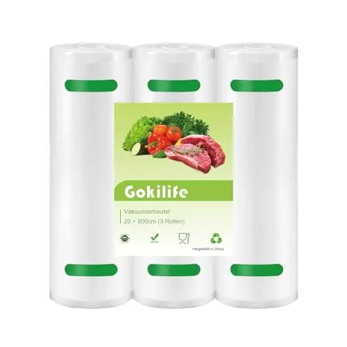Produktbild: Gokilife Vakuumierbeutel - 3 Rollen 20x600cm Reißfest ca. 350µm, Vakuumierfolie für alle Vakuumierer & Lebensmittel Vakuumiergerät, Profi Folienrollen BPA-frei, Kochfest und Sous Vide Gefrierbeutel