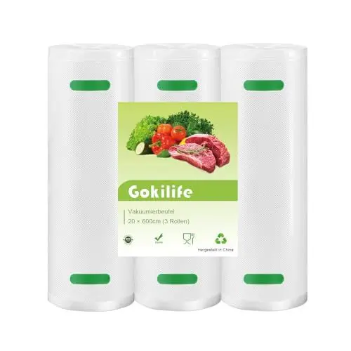 Produktbild: Gokilife Vakuumierbeutel - 3 Rollen 20x600cm Reißfest ca. 450µm, Vakuumierfolie für alle Vakuumierer & Lebensmittel Vakuumiergerät, Profi Folienrollen BPA-frei, Kochfest und Sous Vide Gefrierbeutel