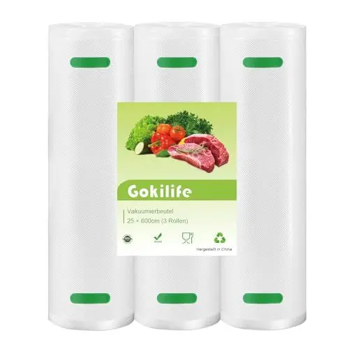 Produktbild: Gokilife Vakuumierbeutel - 3 Rollen 25x600cm Reißfest ca. 450µm, Vakuumierfolie für alle Vakuumierer & Lebensmittel Vakuumiergerät, Profi Folienrollen BPA-frei, Kochfest und Sous Vide Gefrierbeutel