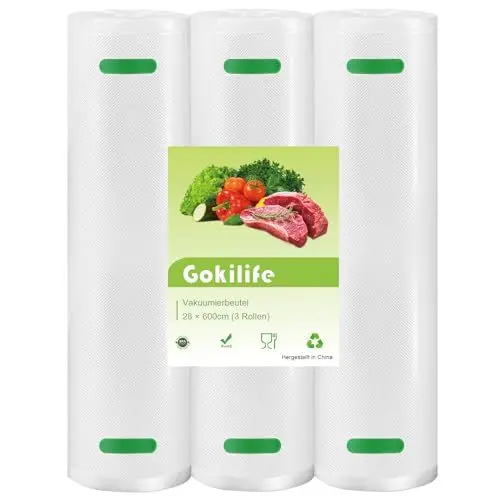 Produktbild: Gokilife Vakuumierbeutel - 3 Rollen 28x600cm Reißfest ca. 450µm, Vakuumierfolie für alle Vakuumierer & Lebensmittel Vakuumiergerät, Profi Folienrollen BPA-frei, Kochfest und Sous Vide Gefrierbeutel