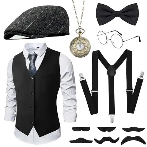 Produktbild: GOKINDOR 20er Jahre Kostüm Herren Accessoires, Peaky Blinders Kostüm Mafia Karneval Kostüm Herren, 20er Jahre Accessoires, Kostüme Herren Herren Kostüm Set Deko(XL)