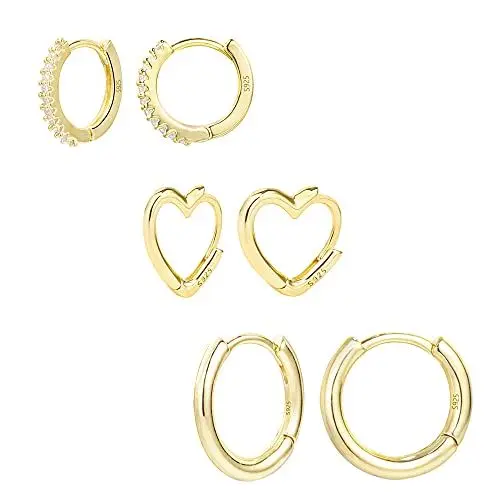 Produktbild: Gold Creolen Ohrringe 925 Silber, 3 Paar 14K Vergoldet Schlafen Creolen Ohrringe Set mit Zirkonia Klein Hypoallergen Huggies für Damen Männer