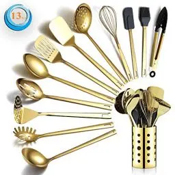 Produktbild: Gold Kochutensilien Set, Berglander Edelstahl 13 Stück Küchenutensilien Set mit Titan Vergoldung, Küchengeräte Set mit Utensilienhalter, spülmaschinenfest, leicht zu reinigen