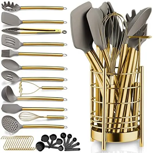 Produktbild: Gold Küchenutensilien Set, Berglander 38 teilig Antihaft Silikon Kochgeschirr Set, Löffel Spachtel Set mit stabilem Edelstahl Utensilienhalter, spülmaschinenfest