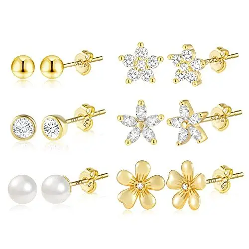 Produktbild: Gold Ohrstecker Set für Damen Mädchen, 6 Paar Gold 925 Ohrstecker Ohrringe Kleine, 14k Vergoldet Zirkon Ohrringe mit Schmetterlings Blume Kugel Diamant Ball Herz Perle Ohrstecker