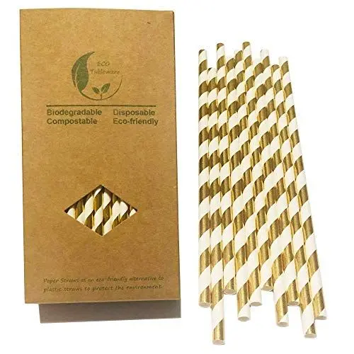 Produktbild: Gold und Weiß Gestreifte Papier Strohhalme, 100% Biologisch Abbaubar, Golden Gestreifte Einweg Trinkhalme Geeignet für Partys, Hochzeiten und Verschiedene Anlässe, 19.7 cm Lang, 100 Stück