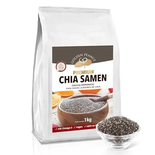 Produktbild: GOLDEN PEANUT Premium Chia Samen 1 kg schwarz-weiß Salvia Hispanica viele Quellstoffe Omega 3 Antioxidantien