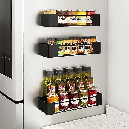 Produktbild: Golden Bell 3 Stück Gewürzregal Magnetisch, Magnet Regal Kühlschrank, Gewürzregal Ohne Bohren, Stark Magnetisch Gewürz Organiser, Schwarz
