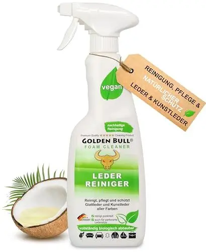 Produktbild: Golden Bull® Lederreiniger & Lederpflege Auto Sofa 500ml (STARK UND VEGAN) Leder Kunstleder Reiniger Schaum Spray mit Kokosöl für Reinigung & Pflege von Ledersitz, Autositz, Ledercouch