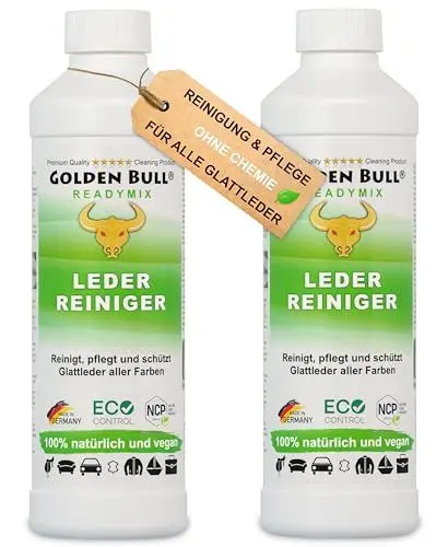 Produktbild: Golden Bull® Lederreiniger & Lederpflege für Ledercouch 2x500ml (STARK - VEGAN - OHNE Chemie) Leder Reiniger mit natürlichem Kokosöl für nachhaltige Reinigung & Pflege von Ledersofa Auto Couch Jacke
