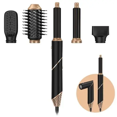 Produktbild: Golden Goods | Airstyler | 5-in-1 Haarbürste | Warmluftbürste | Multistyler | Lockenstab | Haar Styler Föhn | Mit hitzebeständigem Handschuh | Black Edition