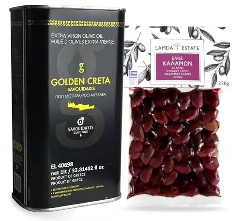 Produktbild: Golden Kreta extra natives Olivenöl 1 Liter Kanister + Lamda Estate Kalamata Oliven Vakuum 250g