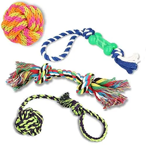 Produktbild: Golden Pets Hundespielzeug 4-teiliges Set I Ideal für kleine bis mittelgroße Hunde und Welpen I Aus natürlichen hochwertigen Baumwollfasern I + Gratis Pflegehandbuch