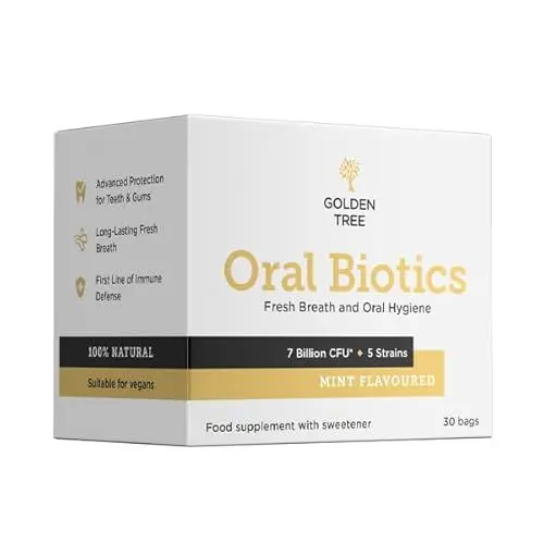 Produktbild: Golden Tree Oral Biotics Natürlicher Milchsäurebakterienkomplex für die Mundhygiene – 7 Milliarden KBE pro Dosis Gegen Mundgeruch, schützt Zähne und Zahnfleisch – für frischen Atem - Minzgeschmack