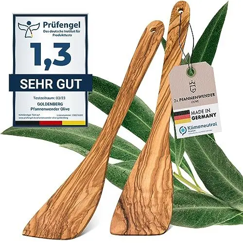 Produktbild: GOLDENBERG® Spar Set - Premium Pfannenwender - Made in Germany - feinstes Olivenholz aus Italien - robust, langlebig & antibakteriell - Holzschaber - Pfannenwender Holz