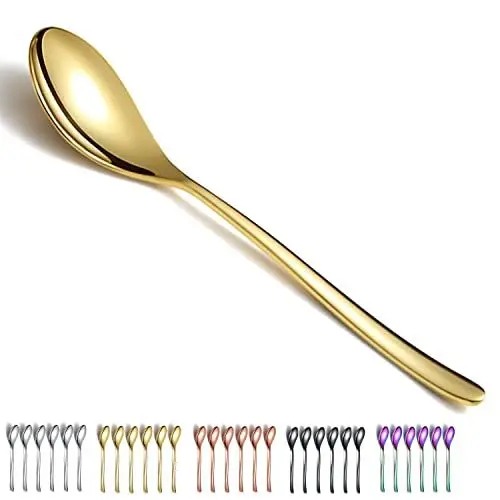 Produktbild: Goldene Esslöffel, 6 Stück, Kyraton 20,3 cm, Edelstahl, titanbeschichteter Gold-Esslöffel, Suppenlöffel, Besteck-Set, robust, leicht zu reinigen, Dessertlöffel, spülmaschinenfest