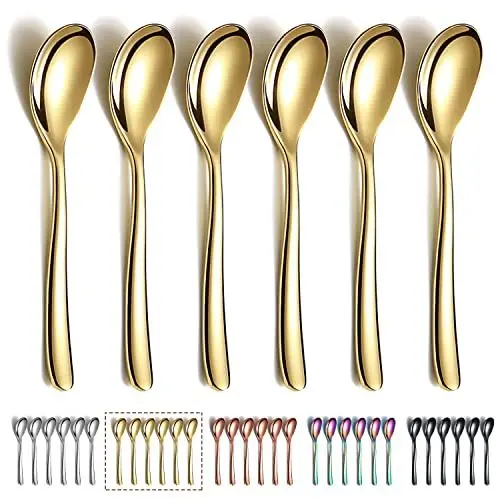 Produktbild: Goldene Kaffeelöffel, 6 Stück, Kyraton 5,5 Zoll, Edelstahl, Titanbeschichtung, vergoldete Teelöffel, Espressolöffel, Dessertlöffel, Teelöffel, kleines Mini-Löffel-Set für Partys, spülmaschinenfest