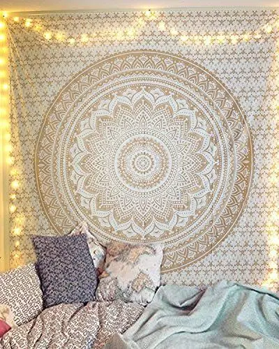 Produktbild: Goldener Mandala-Wandteppich, Wandbehang, Bohemian-Ombre-Kunst, Hippie-Schlafzimmer und Wohnzimmer, Boho-Dekor, Baumwoll-Wandteppiche, Doppelbett, 213,4 x 137,2 cm