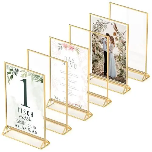 Produktbild: Goldener doppelseitiger Bilderrahmen - 6er-Pack - A4 Acryl Gold Tischkartenhalter, Aufsteller im Staffelei-Stil, Goldrahmen für Hochzeit Tischnummern, Speisekartenhalter, Fotorahmen (A4)