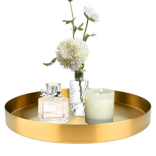 Produktbild: Goldenes Rundes Tablett aus Metall, Ø 30 cm Messing Tablett, Servier Tablett Getränke Organizer, Dekorative Tablett, Dekotablett Kerzenteller, Serviertablett für Schmuck Make-up Tee-Set Vasen