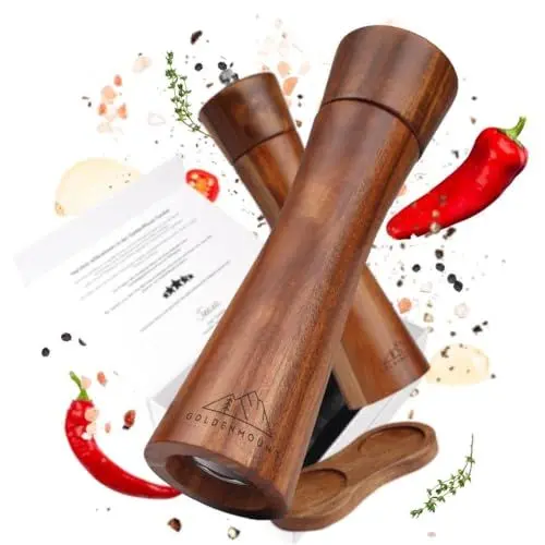 Produktbild: GOLDENMOUNT® - edles Pfeffermühlen Set aus Holz | Salz und Pfeffermühle (21cm) + Untersetzer aus Akazienholz | Gewürzmühle mit Keramikmahlwerk | hochwertige Geschenk Verpackung