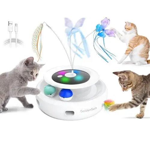 Produktbild: GoldenSun Katzenspielzeug, 3 in 1 Elektrisch Interaktives Automatischer Spielzeug für Katzen, Whack-A-Mole, Fluttering Butterfly, inklusive Ball, USB Wiederaufladbar Katzen Teaser mit 6 Aufsätzen