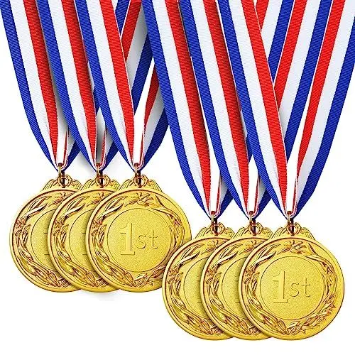 Produktbild: Goldfarbene Siegermedaille im Olympischen Stil, 6 Stück Gewinnermdaillen mit 1st Prägung am Band für Wettbewerbe, Fußballturnier, Partyspiele, Durchmesser Je 6,3 cm